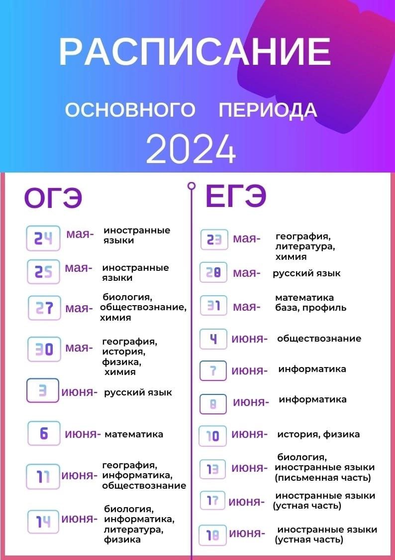 Расписание ЕГЭ и ОГЭ на 2024 год.